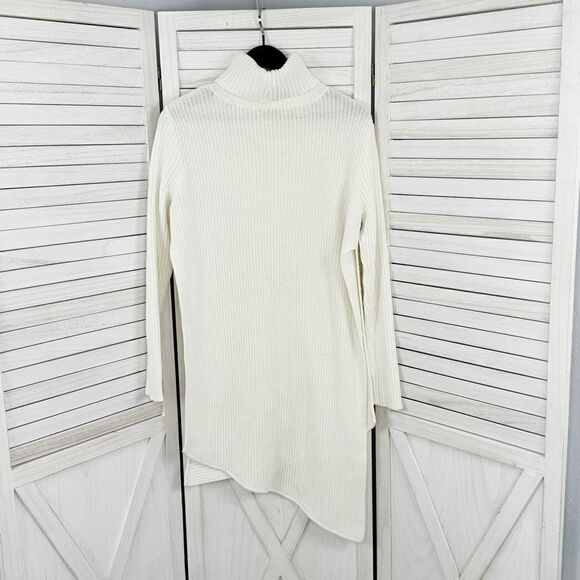 Express Ribbed Asymmetrical Hem Split Side Long Sweater Cream Large Turtle Neck - Picture 8 of 14